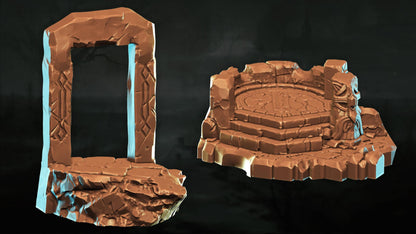 two 3D models of stone structures, including a large arch and a smaller platform, set against a dark background.