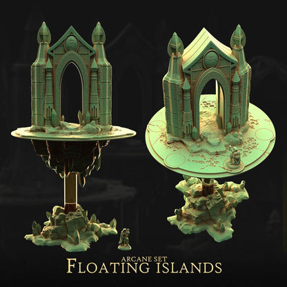 The image is a 3D rendering of a floating island set, featuring two distinct floating structures with intricate architectural details. The set is labeled as "ARCANE SET: Floating Islands" and includes a miniature figure of a person.