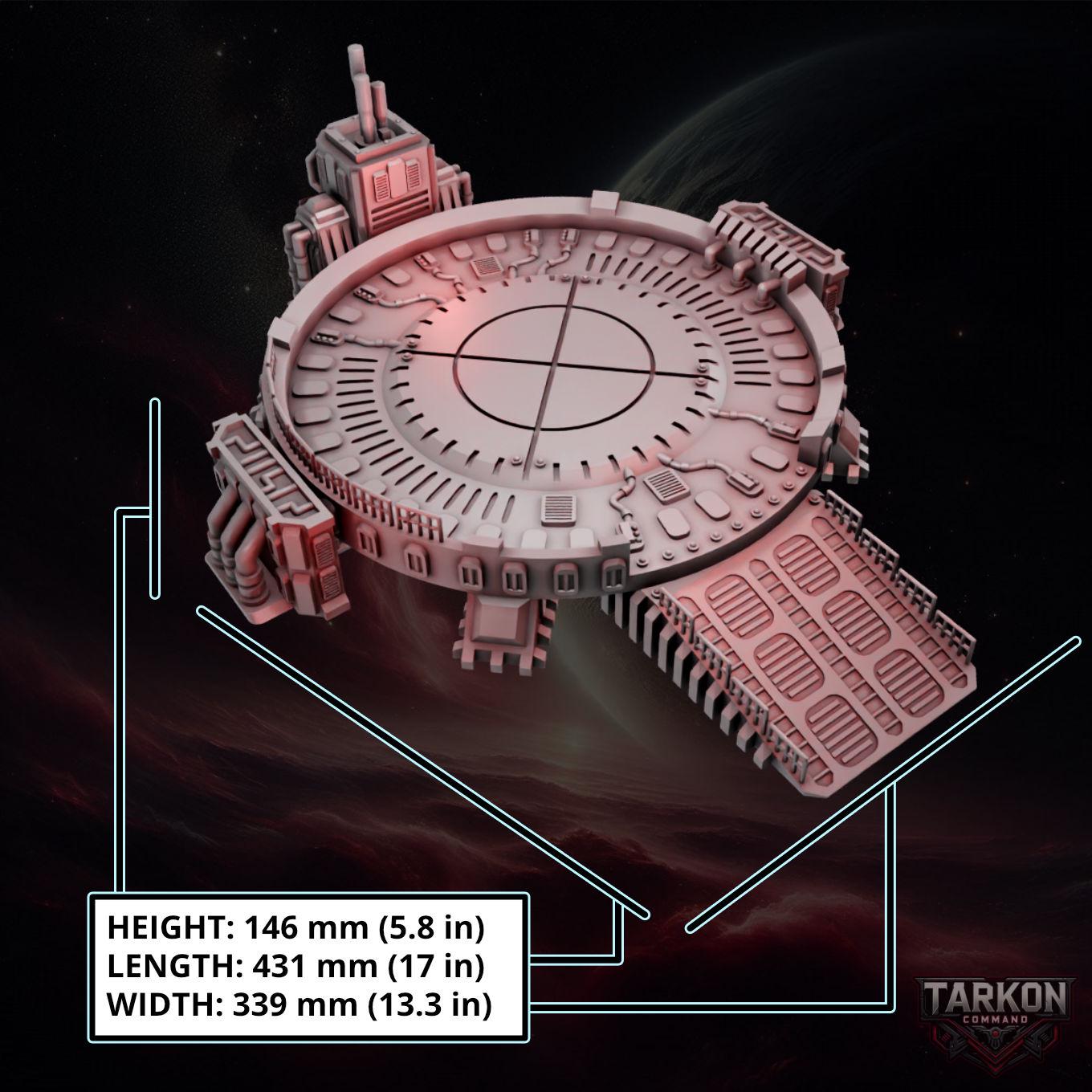 a futuristic spacecraft or space station with a circular platform and various mechanical components. The spacecraft appears to be made of metal and has a futuristic design. The image is described as a 3D rendering of a space station, and it is shown in a space setting. The image is not a photograph, but rather a digital representation of a spacecraft.