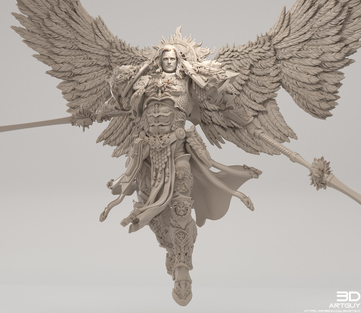 A detailed 3D rendering of a winged figure with intricate armor and a crown, standing against a plain background.