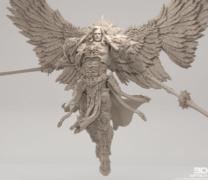 A detailed 3D rendering of a winged figure with intricate armor and a crown, standing against a plain background.