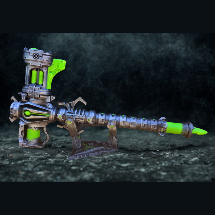 A futuristic-looking toy gun with a green and silver color scheme, featuring a long barrel and various mechanical components.