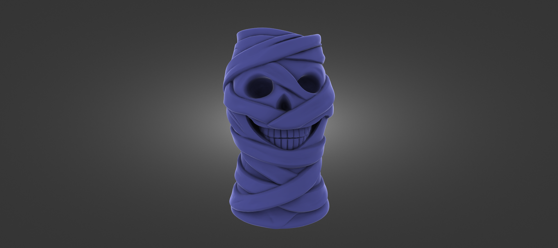 A purple, twisted, and wrapped object resembling a skull or a mummified figure, with a smiling expression.