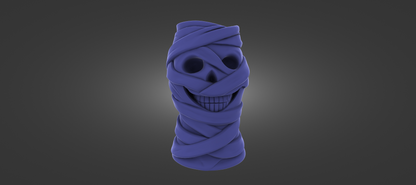 A purple, twisted, and wrapped object resembling a skull or a mummified figure, with a smiling expression.