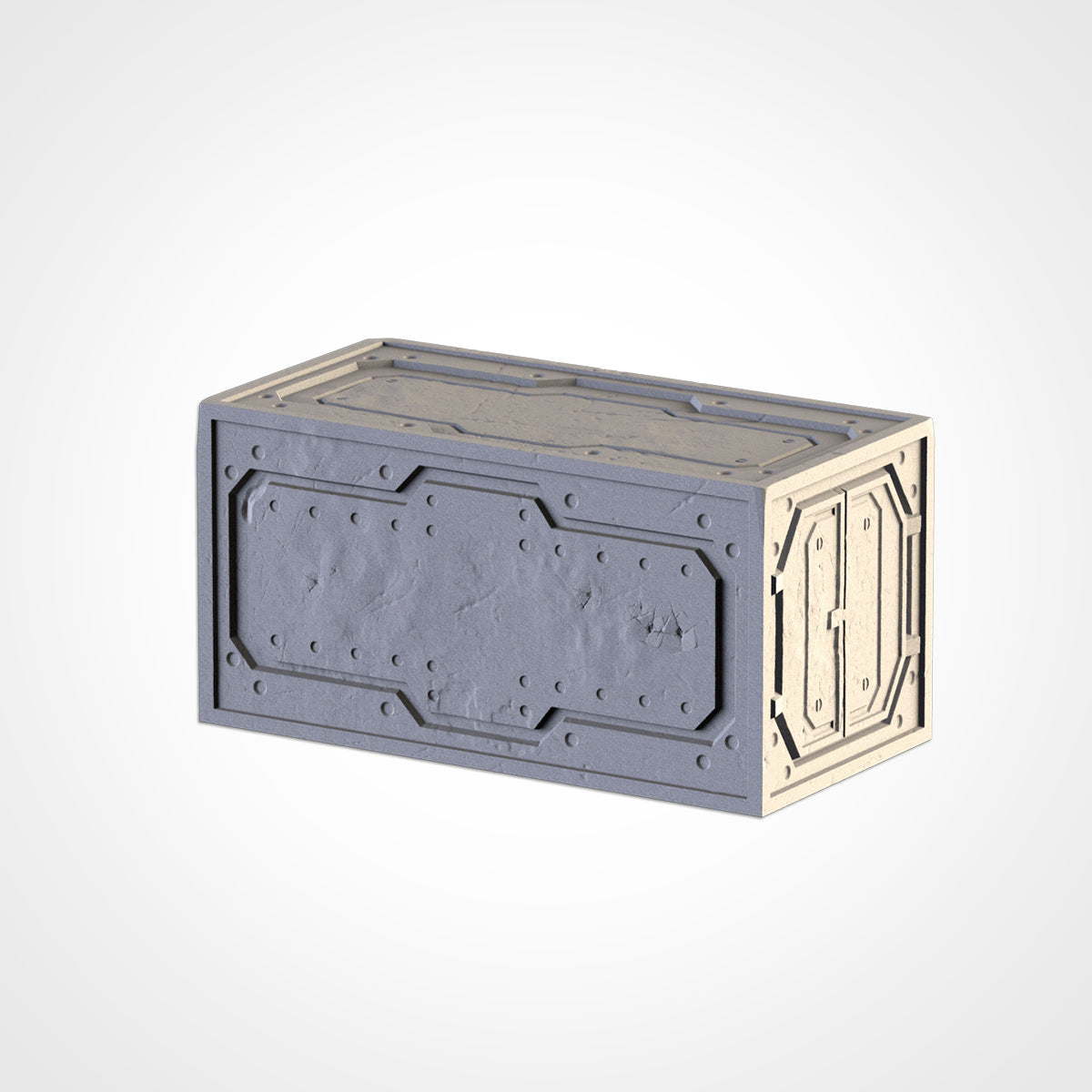 A 3D rendering of a metallic box with a textured surface and a metallic frame.