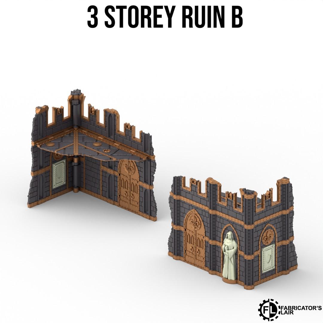 a 3-storey ruin B, which is a miniature replica of a castle or fortress. The ruins are made of dark-colored stone and have a castle-like appearance. The ruins are shown in two different views, providing a comprehensive look at the structure.
