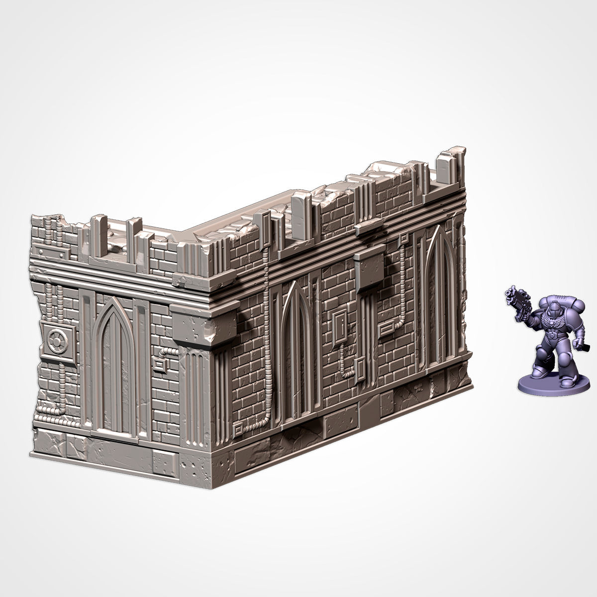 A 3D rendering of a castle-like structure with a turret, and a small figurine of a soldier next to it.