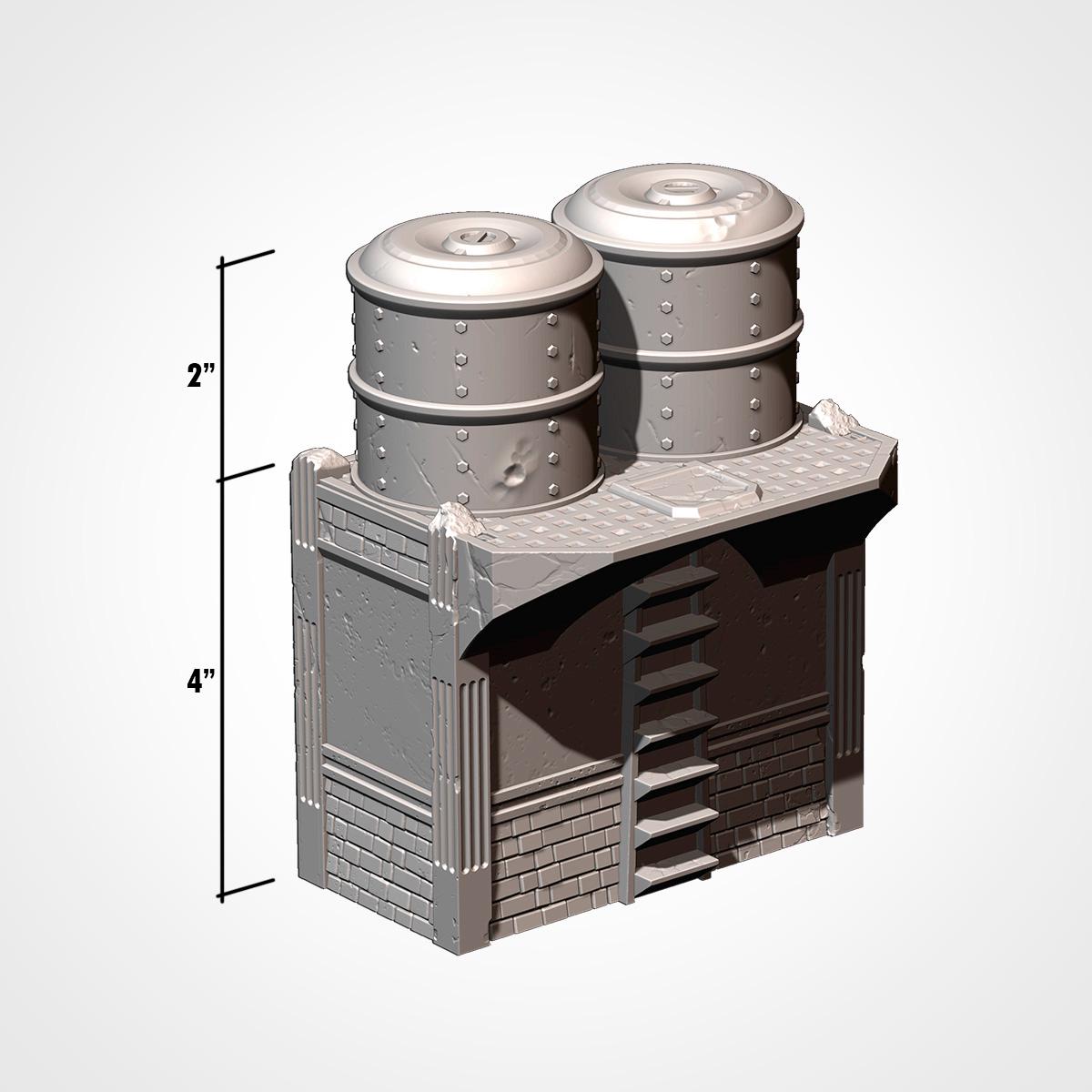 A 3D rendering of a metal structure with cylindrical tanks on top, possibly a storage tank or a water tower. The image is described as a 3D rendering and is shown in a side view.