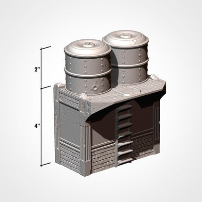 A 3D rendering of a metal structure with cylindrical tanks on top, possibly a storage tank or a water tower. The image is described as a 3D rendering and is shown in a side view.