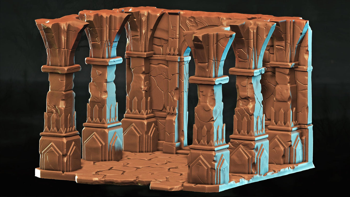 A 3D rendering of a fantasy-style architectural structure, featuring a series of arches and columns. The structure appears to be made of a material that resembles stone or concrete, with a textured surface. The image does not contain any discernible text or countable objects, and the focus is on the architectural elements rather than specific details.