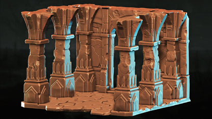 A 3D rendering of a fantasy-style architectural structure, featuring a series of arches and columns. The structure appears to be made of a material that resembles stone or concrete, with a textured surface. The image does not contain any discernible text or countable objects, and the focus is on the architectural elements rather than specific details.