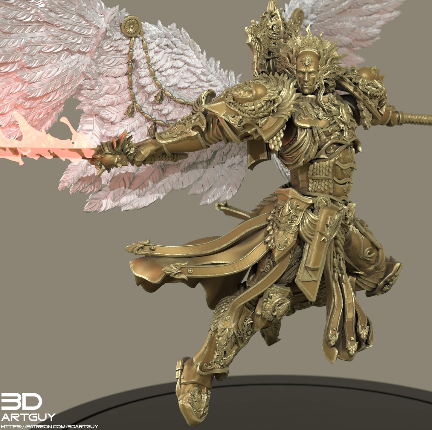 A detailed 3D rendering of a golden armored figure with wings, wielding a sword and surrounded by intricate armor and wing-like structures.