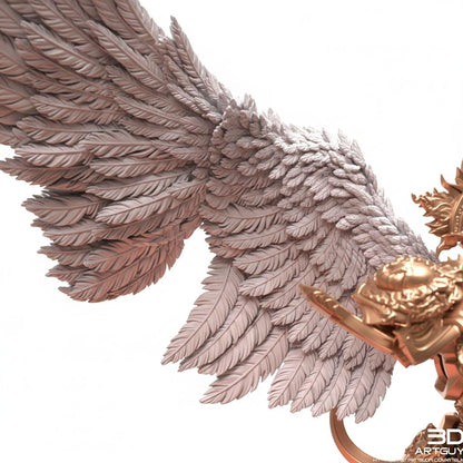 A close-up view of a detailed, intricate sculpture of a winged creature, possibly a mythical or fantastical being. The sculpture is made of a material that resembles feathers, giving it a delicate and ornate appearance. The wings are spread out, showcasing the intricate design and craftsmanship of the piece.