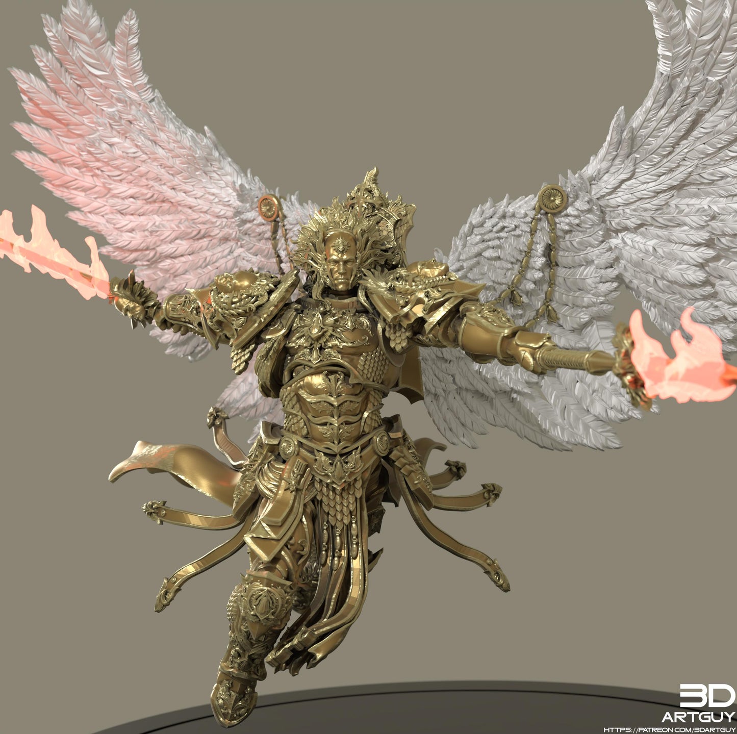 A detailed 3D rendering of a golden armored figure with wings, wielding a flaming sword and surrounded by flames.