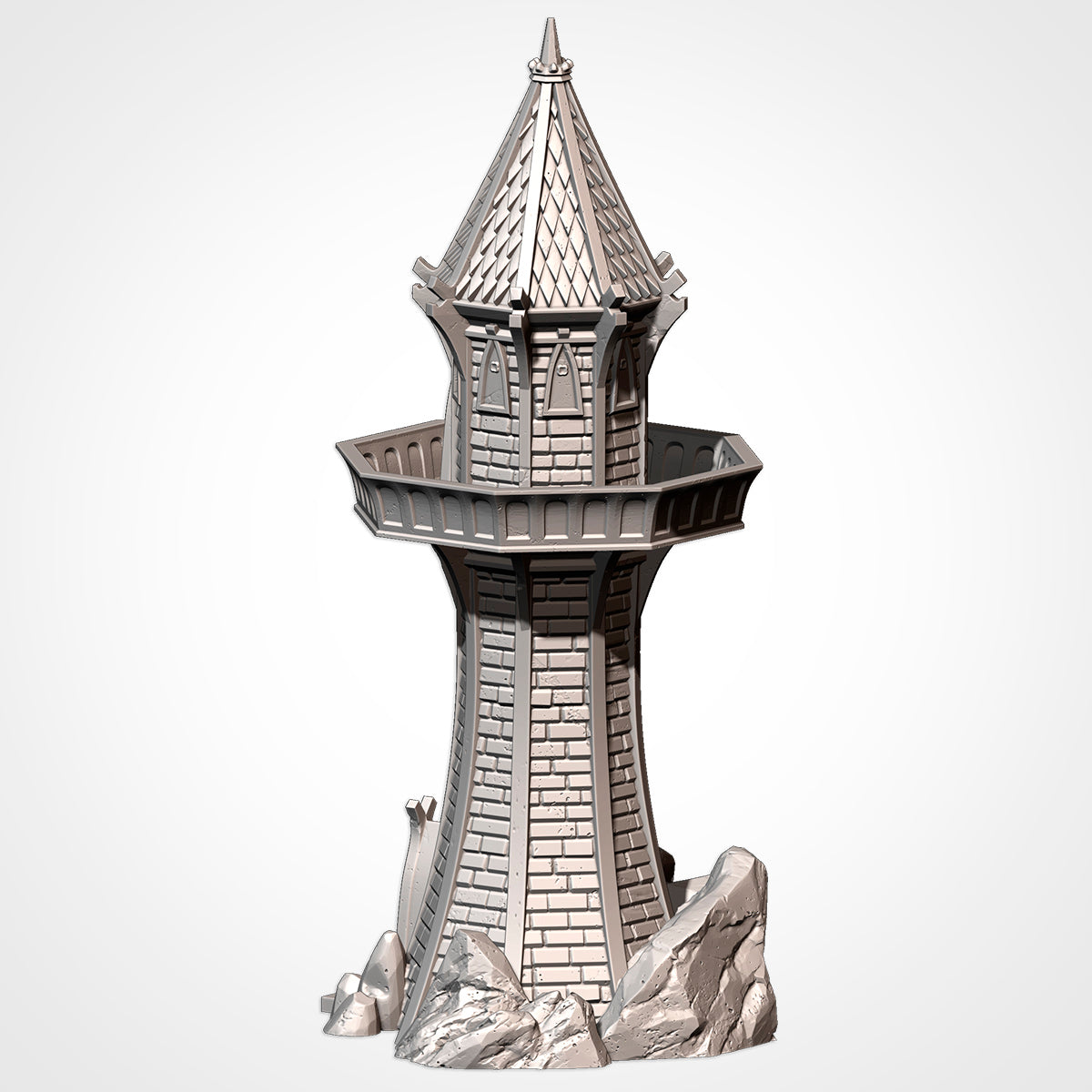 A 3D rendering of a tower-like structure with a pointed roof and a small balcony on the front.