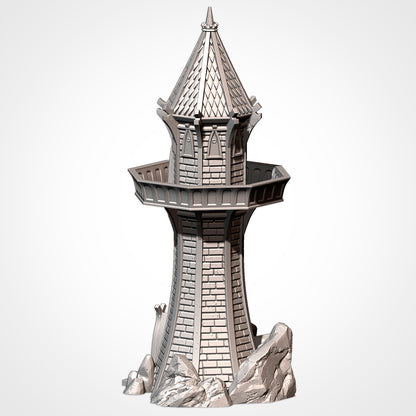 A 3D rendering of a tower-like structure with a pointed roof and a small balcony on the front.