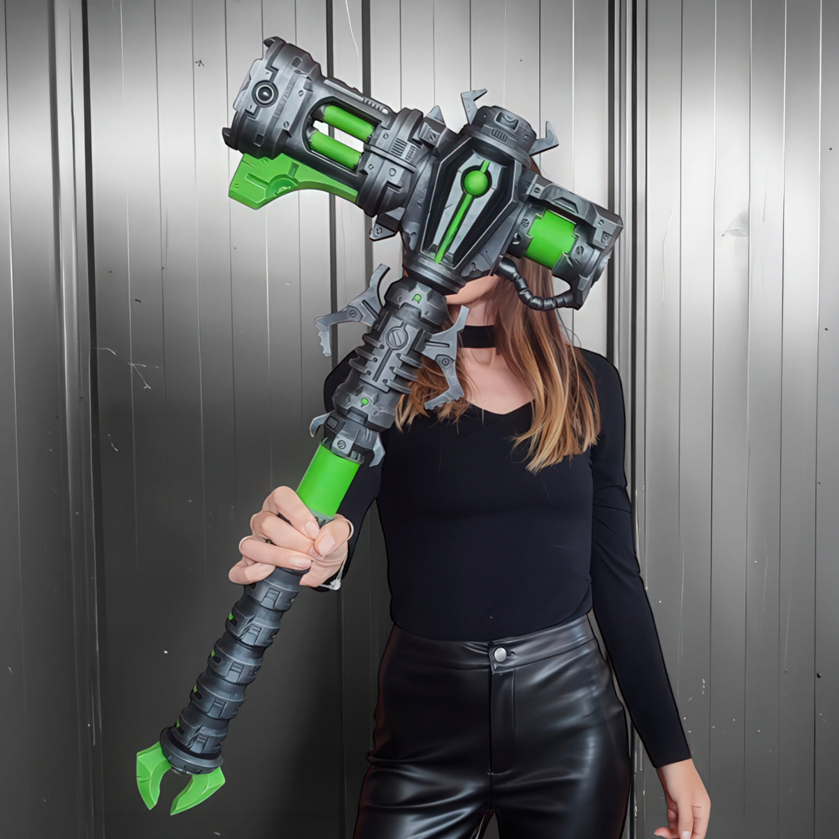 A person is holding a large, futuristic-looking gun with a green and gray color scheme.