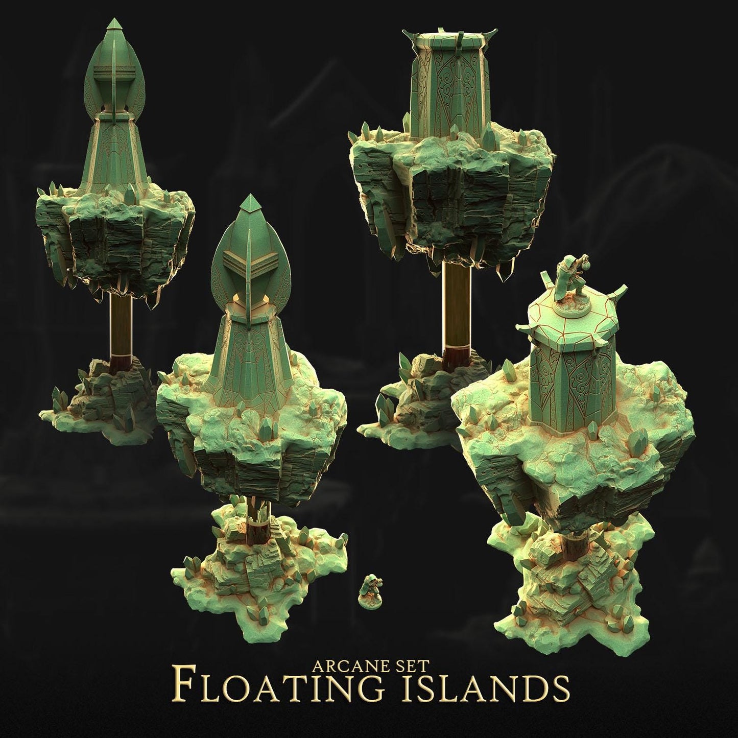 The image is a 3D rendering of a floating island set, featuring various structures and sculptures on the islands.