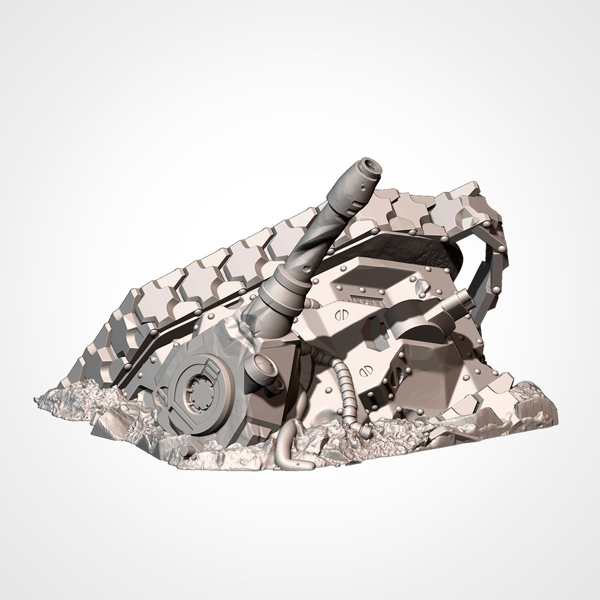 A 3D rendering of a damaged tank or armored vehicle, with various mechanical components and parts scattered around it.