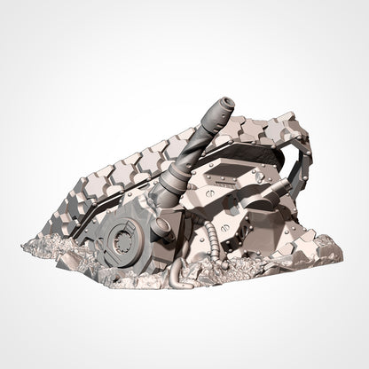 A 3D rendering of a damaged tank or armored vehicle, with various mechanical components and parts scattered around it.