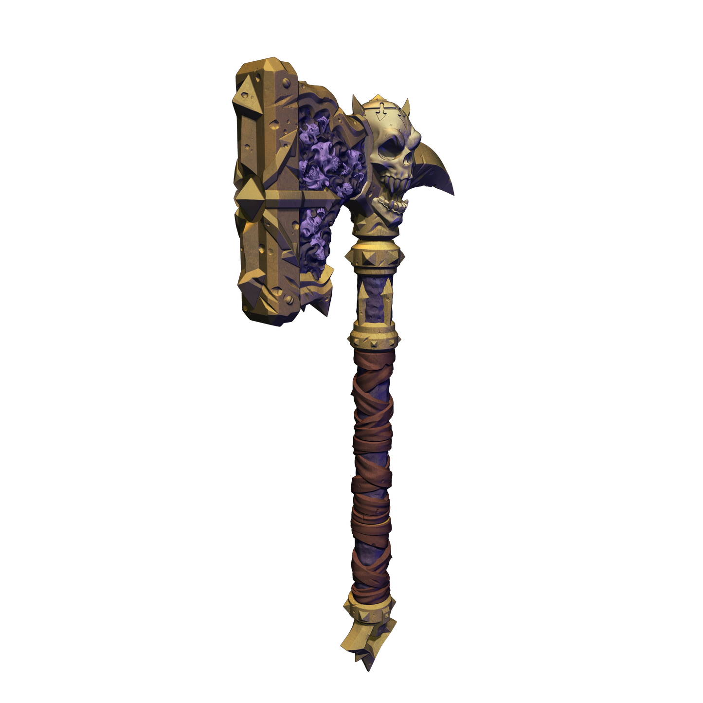 A 3D rendering of a skull-shaped weapon with a pointed end and a curved handle, featuring a combination of purple and gold elements.