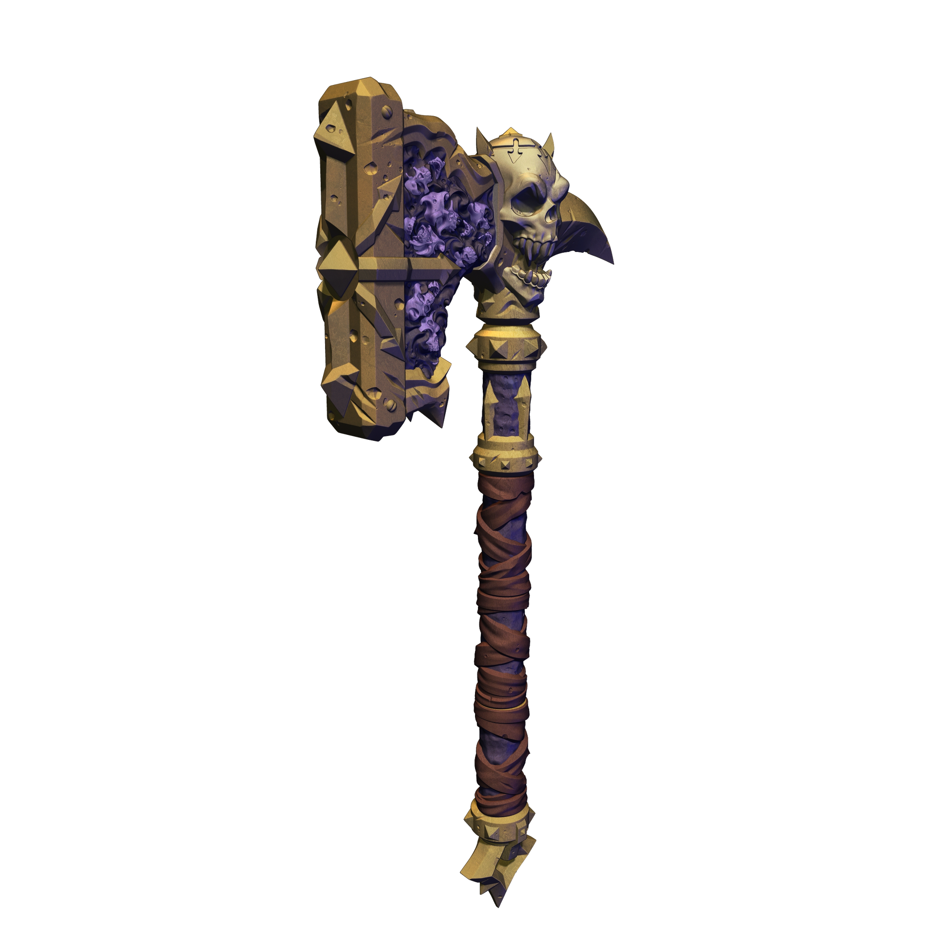 A 3D rendering of a skull-shaped weapon with a pointed end and a curved handle, featuring a combination of purple and gold elements.