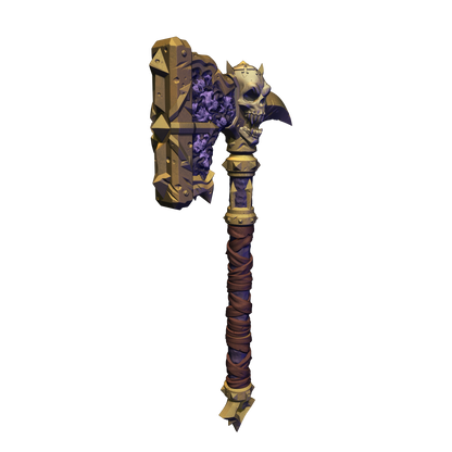 A 3D rendering of a skull-shaped weapon with a pointed end and a curved handle, featuring a combination of purple and gold elements.