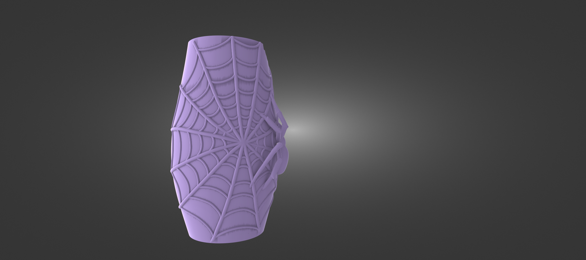 A purple, spider-like object with a web-like pattern on it, standing alone against a dark background.