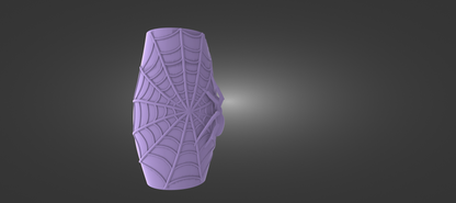 A purple, spider-like object with a web-like pattern on it, standing alone against a dark background.