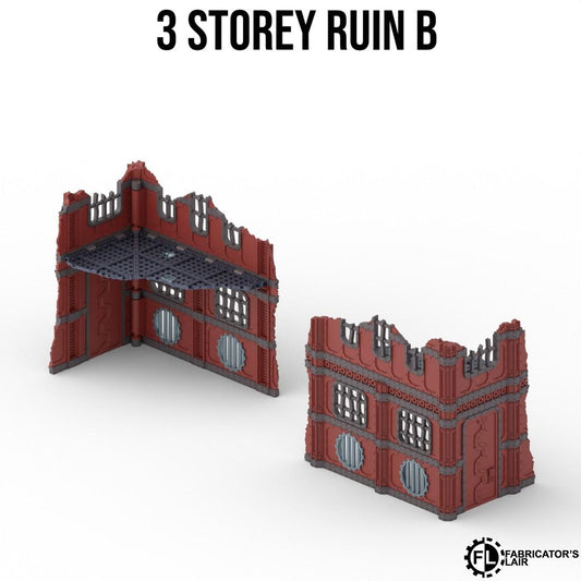 a 3-storey ruin B, which is a 3D rendering of a damaged building.