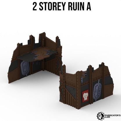 two brown, brick-like structures with various designs and symbols, including a skull and crossbones, suggesting they are part of a tabletop or tabletop miniatures game.