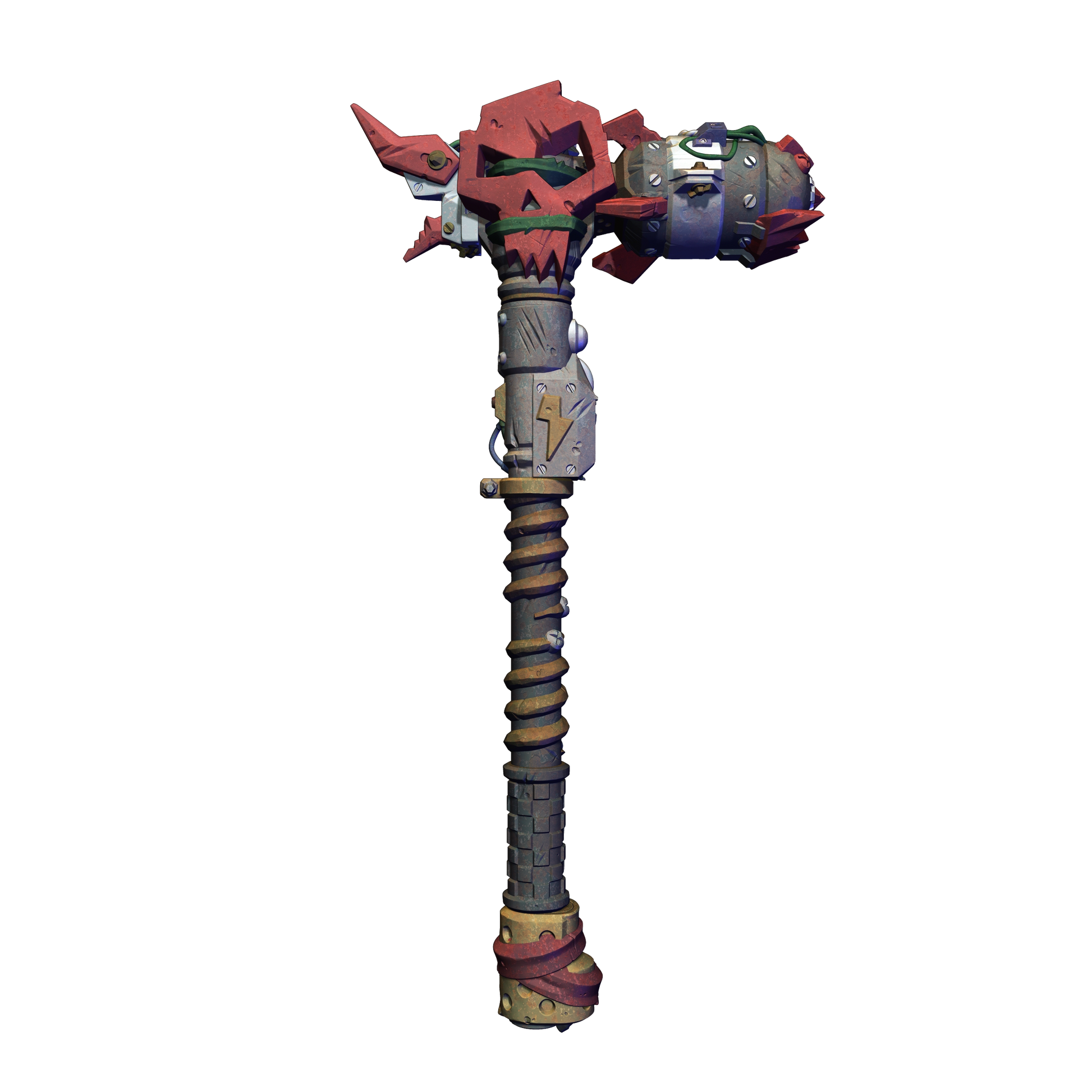 A 3D rendering of a weapon with a red and black color scheme, featuring a skull-like design on the handle and a claw-like attachment on the end.