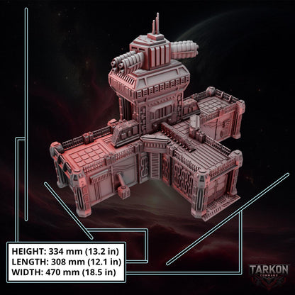 The image is a 3D rendering of a futuristic-looking structure, possibly a spaceship or a military vehicle, set against a dark background with stars and nebulae.