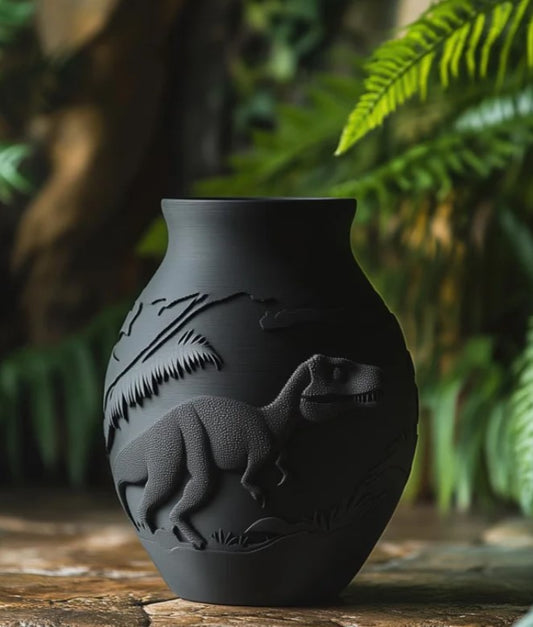 A black ceramic vase with a dinosaur design on it, placed on a surface with green plants in the background.