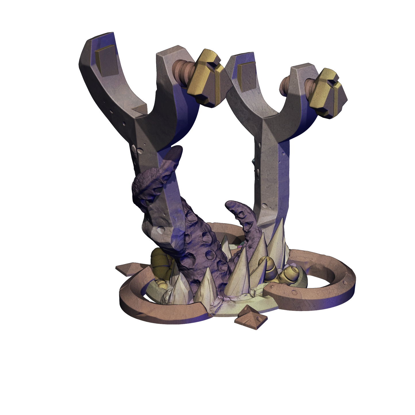 A 3D rendering of a purple and gold slingshot with a curved arm and a pointed nose, surrounded by various objects such as rocks and plants.