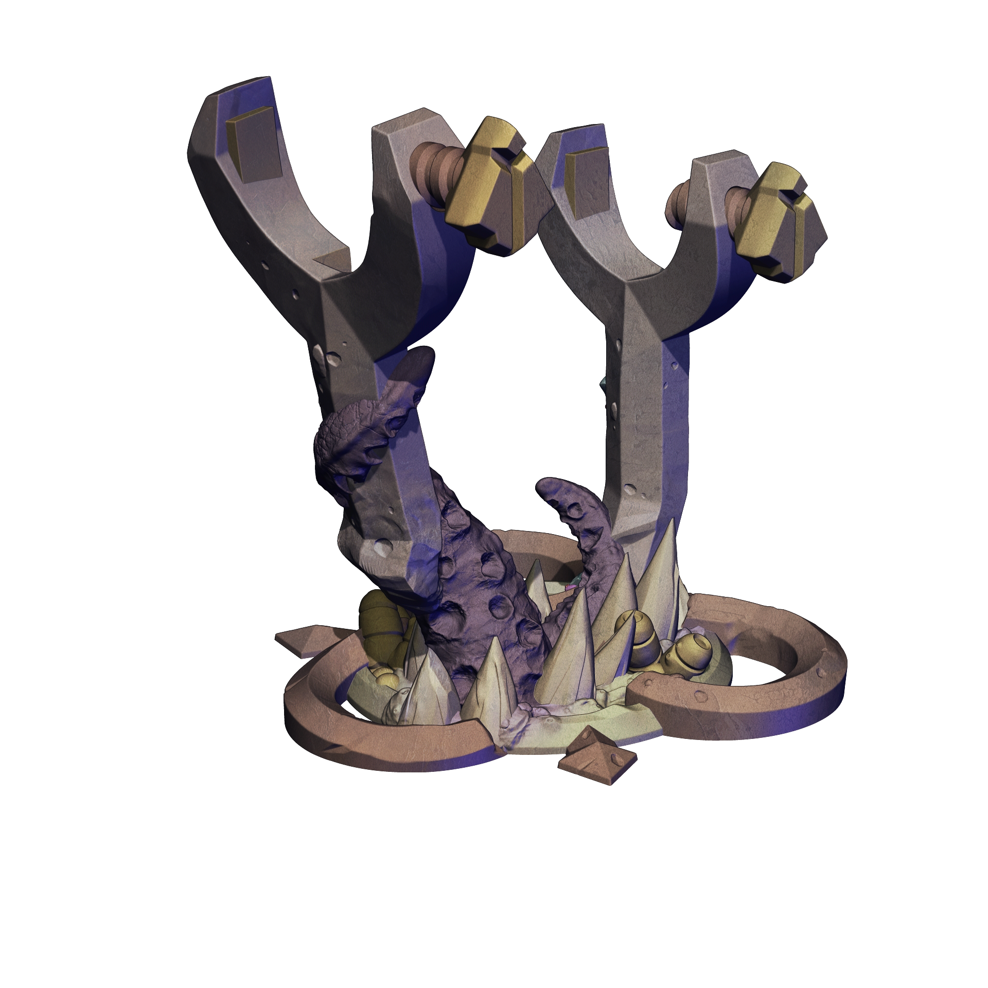 A 3D rendering of a purple and gold slingshot with a curved arm and a pointed nose, surrounded by various objects such as rocks and plants.