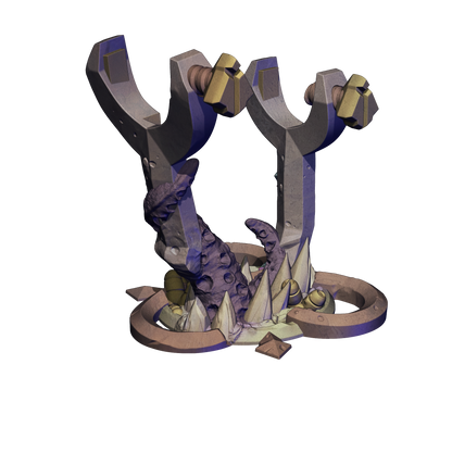 A 3D rendering of a purple and gold slingshot with a curved arm and a pointed nose, surrounded by various objects such as rocks and plants.