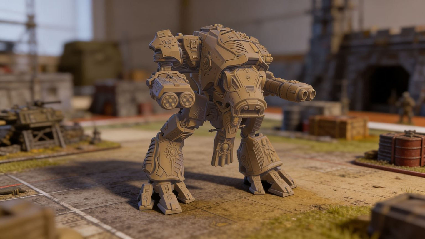 A detailed 3D model of a large, imposing robot with multiple arms and a gun-like weapon, standing on a platform in an outdoor setting with various objects and structures in the background.