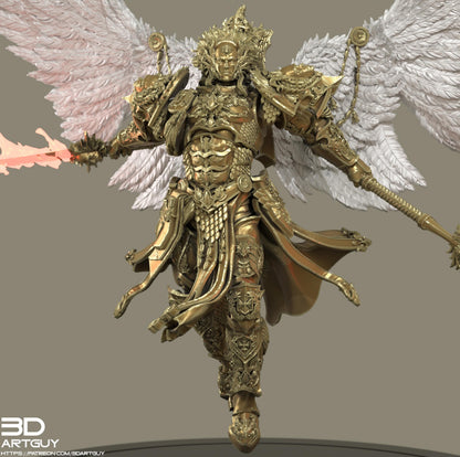 A detailed 3D rendering of a golden armored figure with wings, wielding a sword and shield, set against a neutral background.