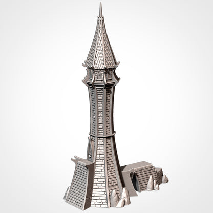 A 3D rendering of a tall, ornate tower with a pointed roof and intricate architectural details.