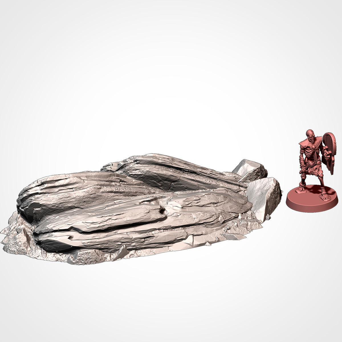 A 3D rendering of a large rock formation and a small figurine of a warrior standing next to it.