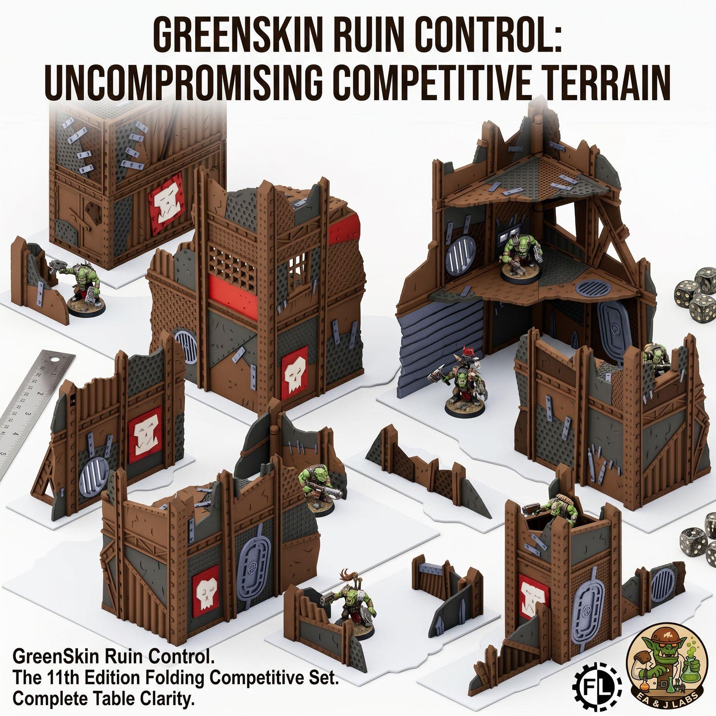 The image is a promotional poster for a tabletop roleplaying game called "GreenSkin Ruin Control: The 11th Edition Folding Competitive Set". The poster features various pieces of the game set, including a large brown structure, smaller brown structures, and a group of green minifigures. The text on the poster highlights the competitive nature of the game and its ability to provide a challenging and engaging tabletop experience.