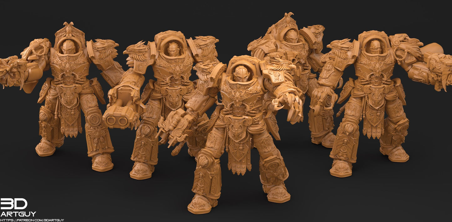 A group of detailed, intricately designed, and heavily armored robotic figures, likely representing characters from a science fiction or fantasy universe.