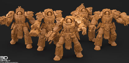 A group of detailed, intricately designed, and heavily armored robotic figures, likely representing characters from a science fiction or fantasy universe.