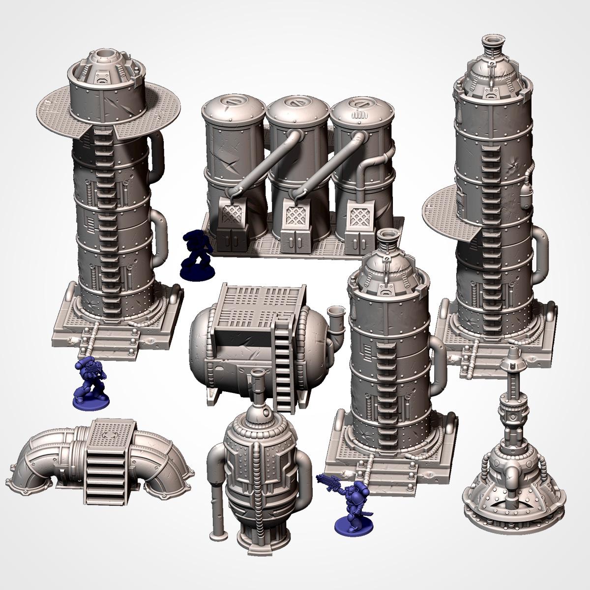 various metallic structures and figurines, including towers, pipes, and small figures, all arranged in a 3D rendering.