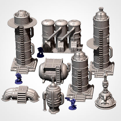 various metallic structures and figurines, including towers, pipes, and small figures, all arranged in a 3D rendering.