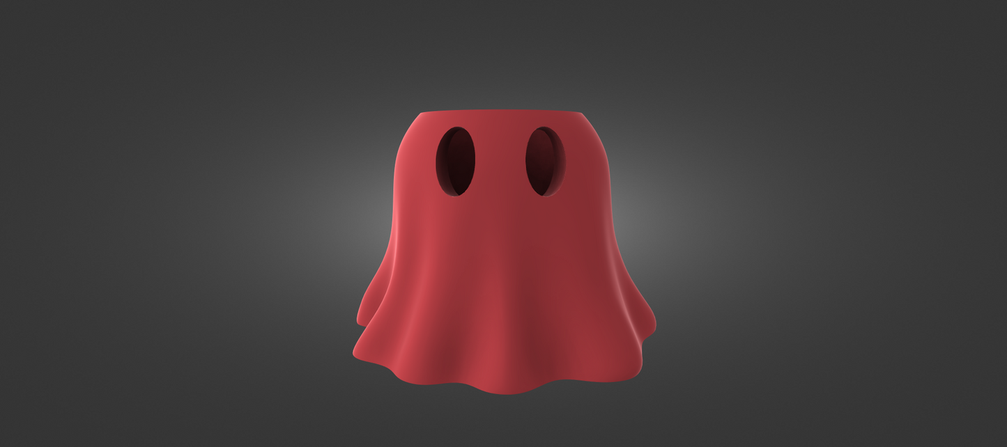 A red ghost with two holes on its head is standing against a dark background.