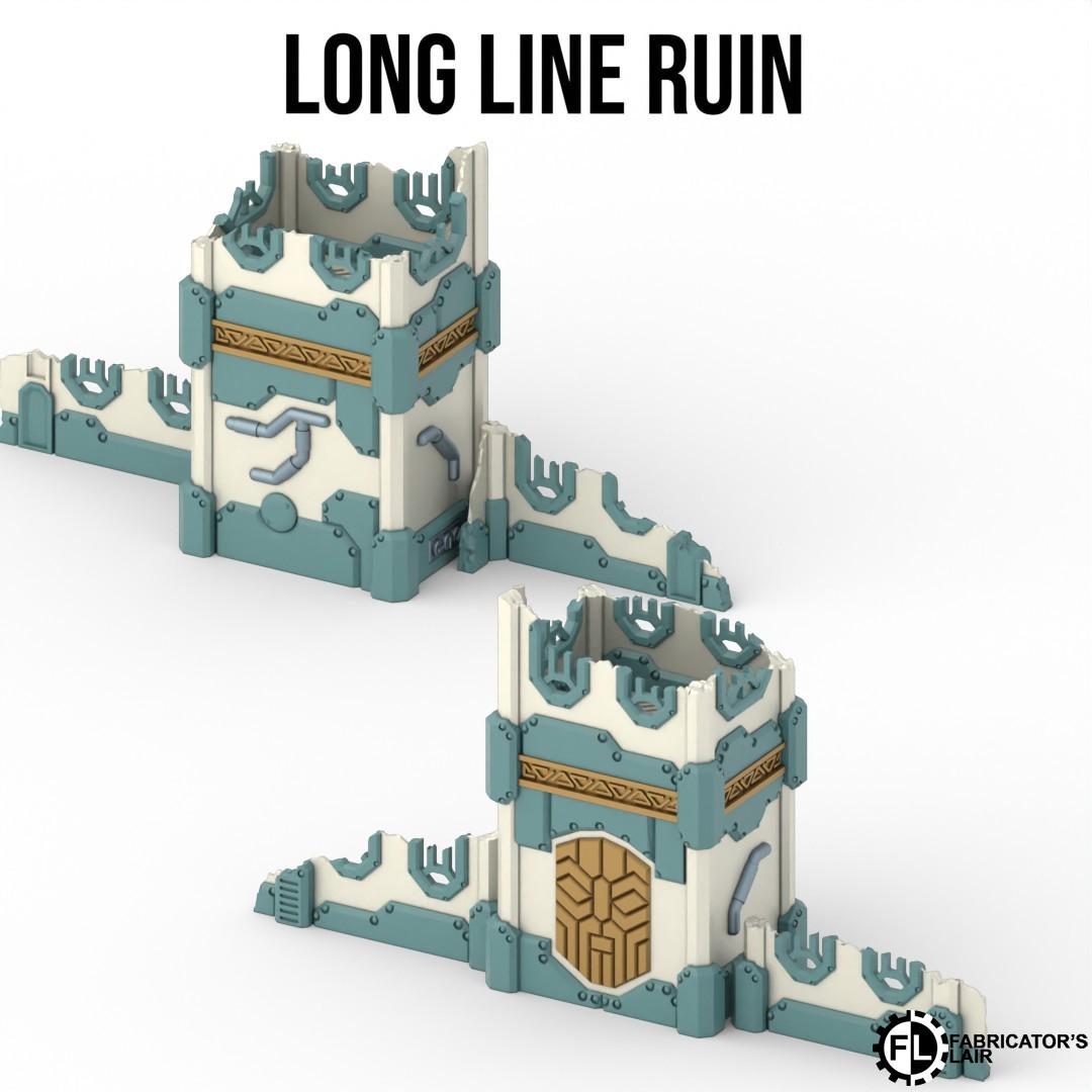 two 3D models of a long line ruin, a type of medieval structure. The ruins are made of blue and white materials and have intricate designs and patterns on them.
