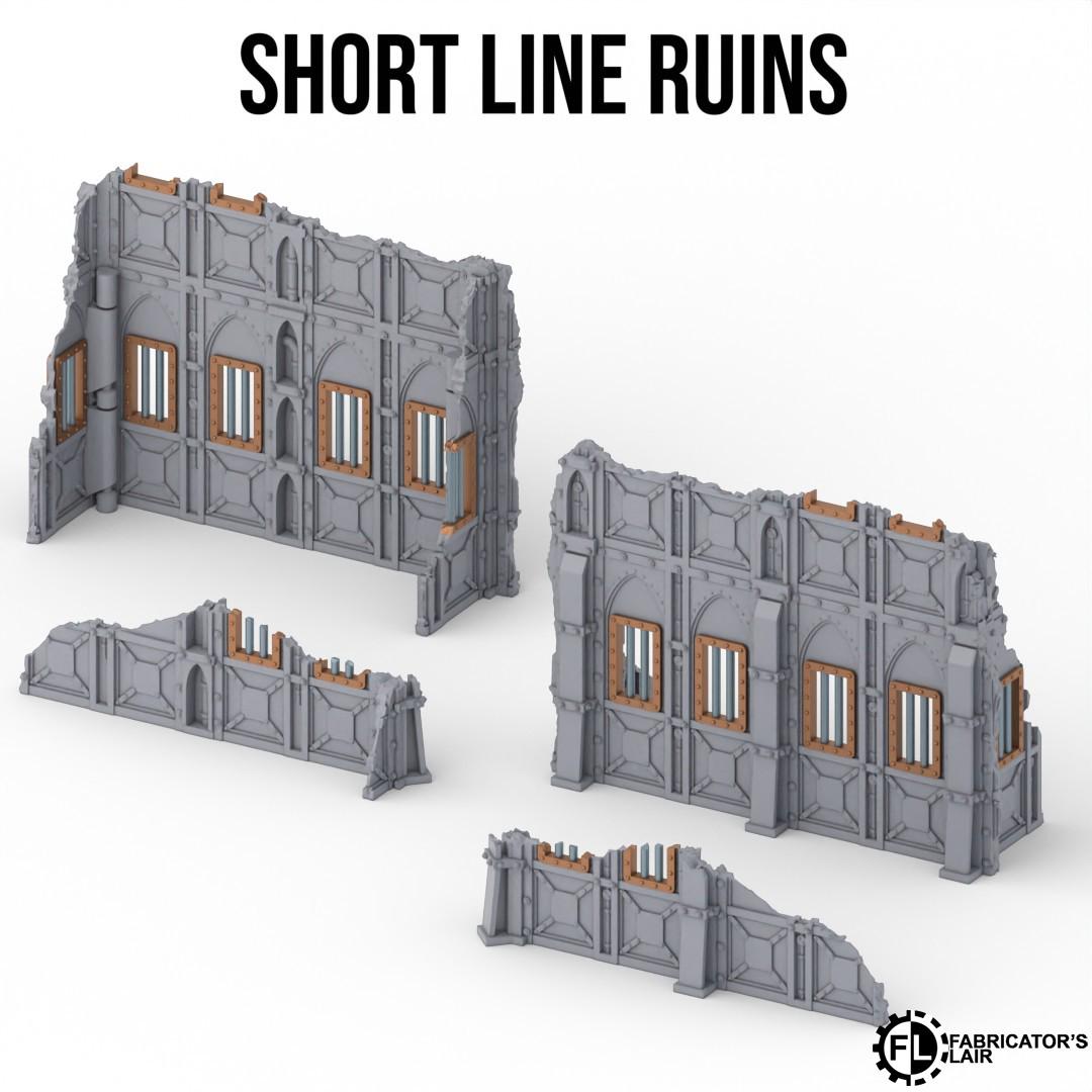 several short line ruins, which are gray structures with brown accents. The ruins appear to be part of a larger set or collection, as indicated by the text "SHORT LINE RUINS" and "Fabricator's Lairs".