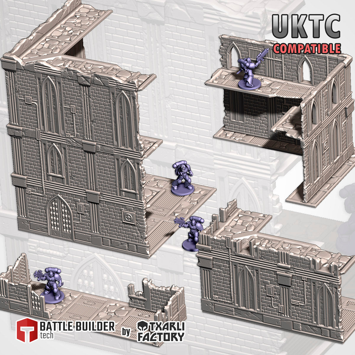 The image is a 3D rendering of a damaged building with several miniature figures, likely representing characters or players in a video game or tabletop role-playing game.
